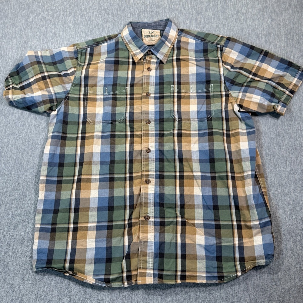 Outdoor Life Shirt Men XL Blue Green Plaid Short Sleeve Button Up Cotton Hiking